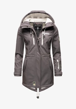 Long manteau d'hiver gris à capuche avec poches zippées blanches, cordons et écussons logo sur la poitrine et la manche, conçu pour porter en extérieur.