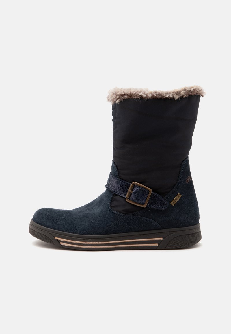 Botte d'hiver bleu foncé avec garniture en fausse fourrure, sangle réglable avec boucle et semelle en caoutchouc, conçue pour temps froid.