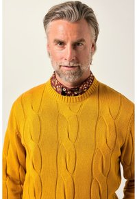 Středně starý muž se šedými vlasy a vousy, oblečený v hořčicově žlutém svetr s pleteným vzorem přes vínově červenou košili s vzorem.