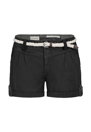Schwarze Baumwollshorts mit umgeschlagenen Säumen, vorne plissiert, Seiten Taschen und einem weißen geflochtenen Gürtel mit silberner Schnalle.