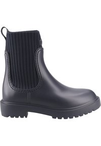 Stivale alla caviglia in gomma nera con tomaia in tessuto a coste, linguetta di estrazione e suola scanalata. Caratterizzato da un design senza cuciture per la resistenza all'acqua.