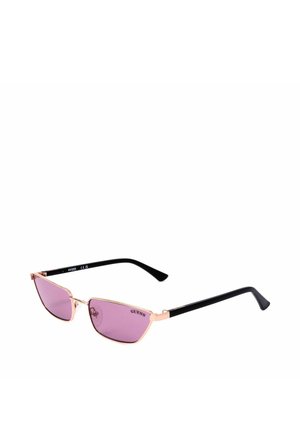 Occhiali da sole rettangolari con lenti colorate di rosa, sottili montature in metallo dorato e aste nere curve. Il nome del marchio è nell'angolo superiore della lente.