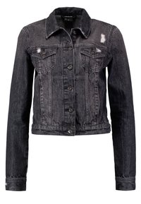 Giacca di denim nera con colletto, bottoni sul davanti, due tasche sul petto e dettagli consumati sulle maniche. Design aderente.