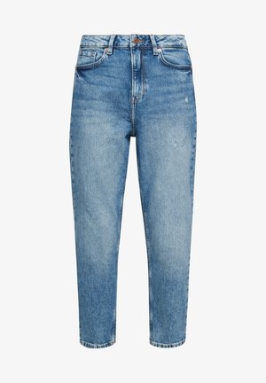 Jean en denim bleu clair avec une coupe droite, un design à cinq poches, un léger décoloration et une fermeture à bouton à la taille. Des détails usés sont visibles.