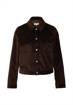 Bruine corduroy jas met een kraag, twee borstzakken aan de voorkant, zilveren knopen en een cropped design.