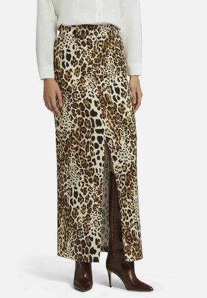 Maxi-Rock mit Leopardenmuster in einem beige-braunen Farbschema, mit einem Frontschlitz, hoher Taille und glatter Stofftextur.