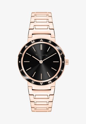 Schwarze analoge Uhr mit rundem Ziffernblatt, roségoldenem Metallarmband und einem eleganten Design. Verfügt über ein schwarzes Zifferblatt mit minimalistischen Stundenmarkierungen.