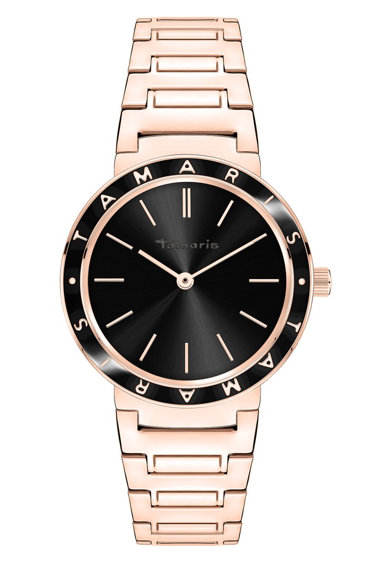 Schwarze analoge Uhr mit rundem Ziffernblatt, roségoldenem Metallarmband und einem eleganten Design. Verfügt über ein schwarzes Zifferblatt mit minimalistischen Stundenmarkierungen.