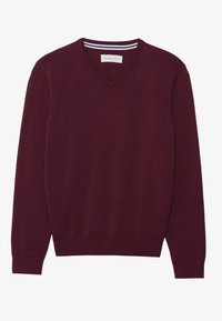 Maglione bordeaux a scollo a v con maniche lunghe, realizzato in un morbido tessuto a maglia. Presenta un colletto e polsini ribattuti per un aspetto aderente.