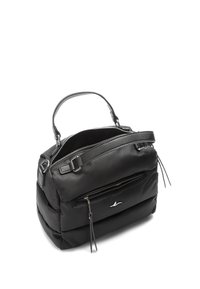 Čierna nylonová kabelka so štruktúrovaným dizajnom, dvojitými rukoväťami, predným vreckom na zips a striebornými kovovými doplnkami. Mäkká, hladká textúra.