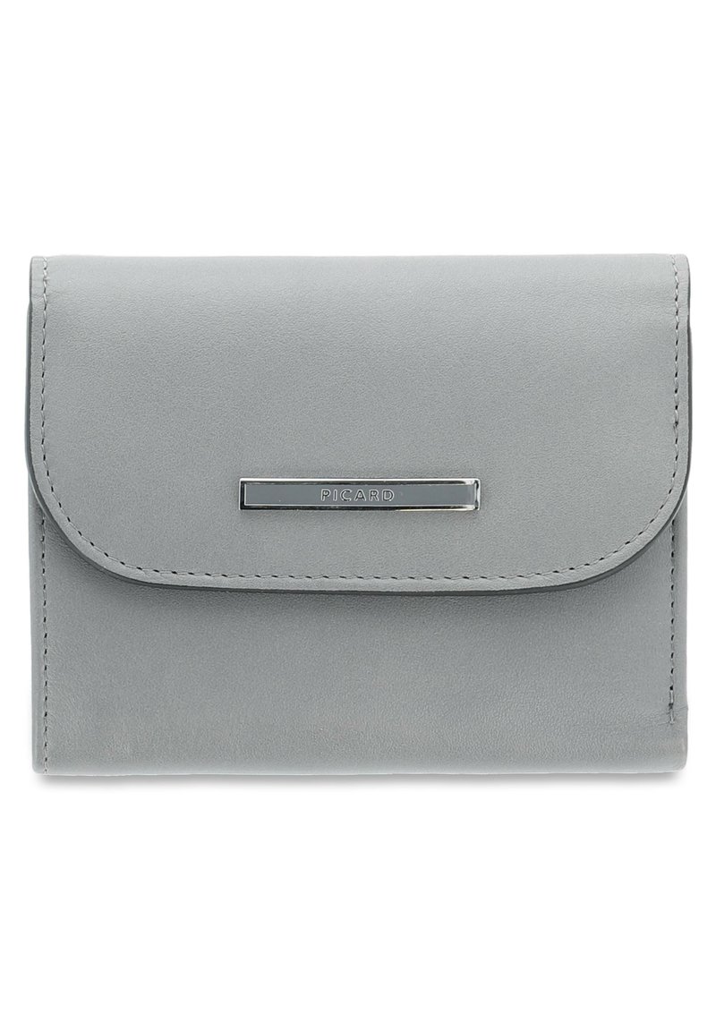 Gray leather wallet with a flap closure, silver hardware, and a horizontal metal accent displaying the brand name. Smooth texture.