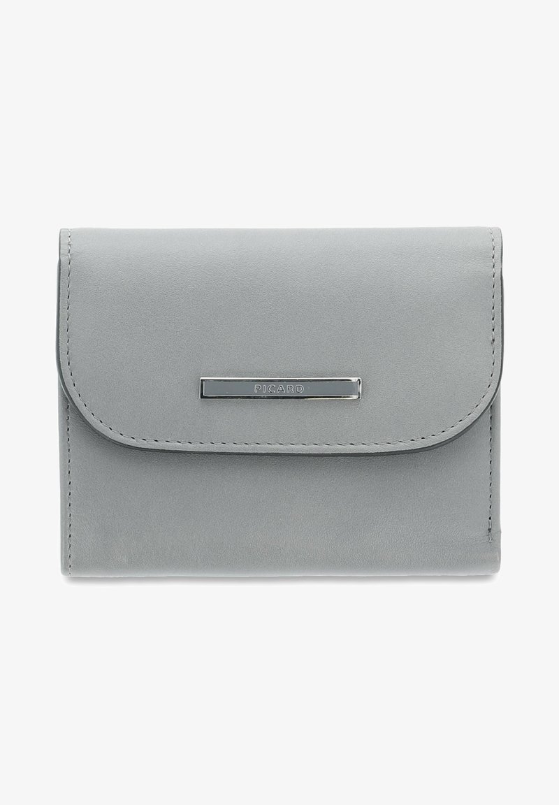 Gray leather wallet with a flap closure, silver hardware, and a horizontal metal accent displaying the brand name. Smooth texture.