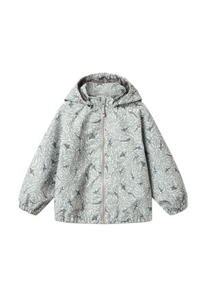 Chaqueta ligera con capucha y un patrón abstracto de ondas en gris y blanco. Cierre delantero con cremallera, puños elásticos y un forro interior liso.