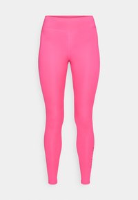 Lyse rosa leggings med en jevn, elastisk tekstur; høy midje og tettsittende fasong; har subtile detaljer på sidene.