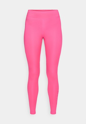 Bright pink leggings with a smooth, stretchy texture; high-waisted design and fitted shape; features subtle side detailing.