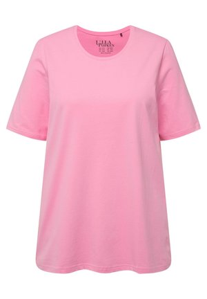 Pinkes Baumwoll-T-Shirt, kurze Ärmel, runder Halsausschnitt, lockere Passform, glatte Textur, keine sichtbaren Muster oder Akzente.