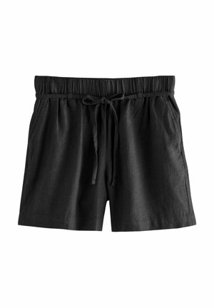 Mustat pellavashortsit, joissa on joustava vyötärö ja nyöri, sisältävät kaksi sivutaskua ja rento istuvuus. Sileä pinta, jossa on minimaalinen ryppyisyys.