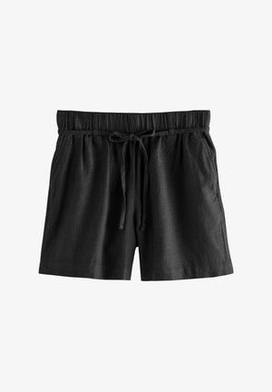 Pantaloni corti neri in lino con vita elastica e cordoncino, dotati di due tasche laterali e una vestibilità morbida. Texture liscia con minime pieghe.