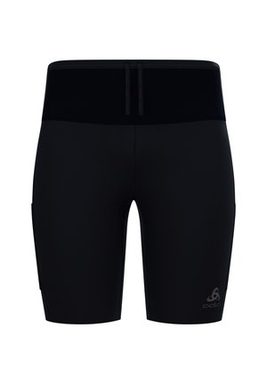 Schwarze sportliche Shorts bis zur Mitte des Oberschenkels mit breitem Bund und Kordelzug, mit kleinem Logo am linken Bein.