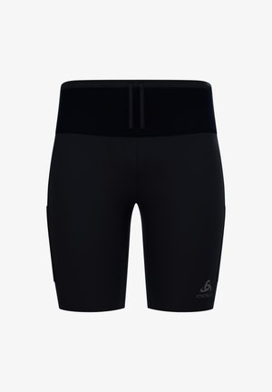 Schwarze sportliche Shorts bis zur Mitte des Oberschenkels mit breitem Bund und Kordelzug, mit kleinem Logo am linken Bein.