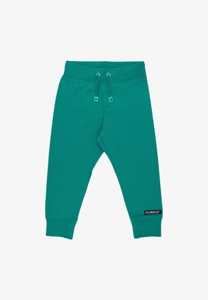 Türkise Baumwoll-Jogginghosen mit elastischem Bund, verstellbarem Kordelzug und gerippten Bündchen. Mit einem schwarzen Logostick.