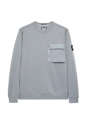 Hellgrauer Kapuzenpullover aus weichem Material, mit einer vorderen Tasche mit Reißverschluss, Rundhalsausschnitt sowie gerippten Bündchen und Saum.