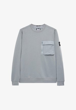 Hellgrauer Kapuzenpullover aus weichem Material, mit einer vorderen Tasche mit Reißverschluss, Rundhalsausschnitt sowie gerippten Bündchen und Saum.