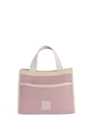 Bolsa de malla rosa con ribete y asas beige, con un bolsillo delantero y un pequeño parche cuadrado con logo.