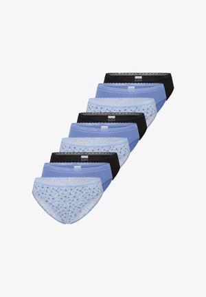 Confezione assortita di biancheria intima con cinque paia: due nere, tre in diverse tonalità di blu, tessuti misti e dettagli in pizzo, stampa floreale su un paio.