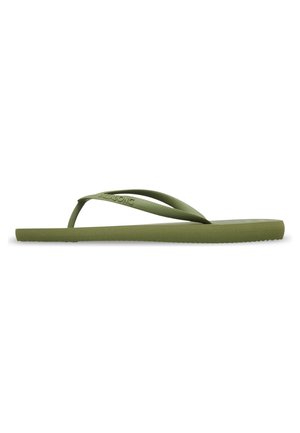 Grüne Flip-Flop-Sandalen mit einer weichen Gummisohle, schmalen Riemen und strukturiertem Fußbett. Minimalistisches Design mit Markenlogo auf dem Riemen.