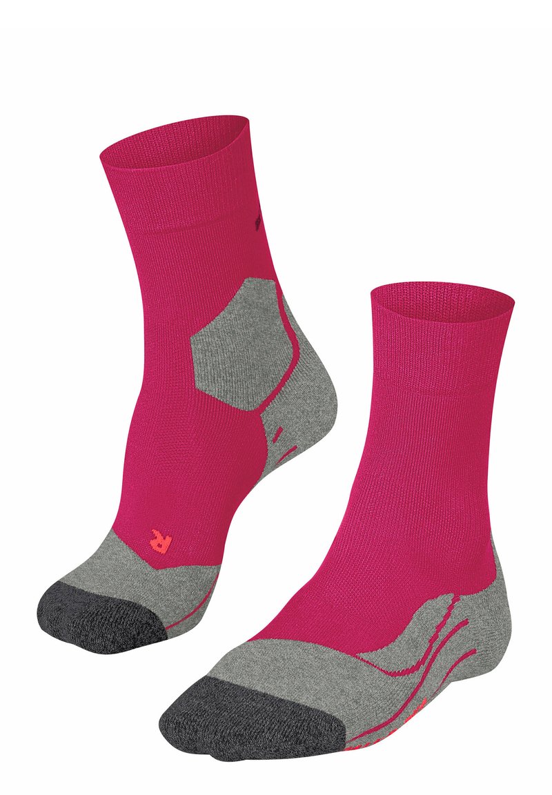 Chaussettes rembourrées avec un dessus rose vif, un talon et un orteil gris, présentant un design hexagonal et des accents rouges sur les côtés.