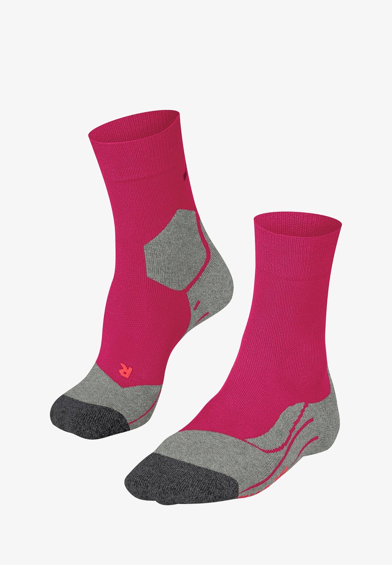 Chaussettes rembourrées avec un dessus rose vif, un talon et un orteil gris, présentant un design hexagonal et des accents rouges sur les côtés.