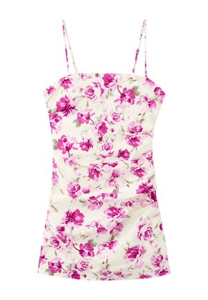 Robe courte sans manches avec fines bretelles, fond blanc et motif floral rose vif avec des feuilles vertes.