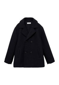 Mörkblå ull peacoat med stora reverser, dubbelknäppt framdel, två sidofickor och knappstängning. Mjuk textur, avslappnad passform.