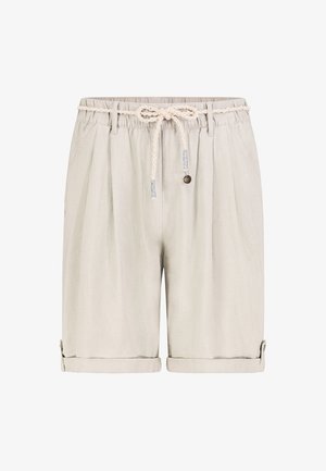 Light beige casual shorts with elastic waistband, braided drawstring tie, side pockets, and rolled-up hems secured with button tabs.