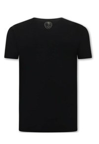 Zwarte T-shirt met korte mouwen, ronde hals en een gladde textuur. Bevat een schedellogo in reliëf zwart op de achterkant van de halslijn.