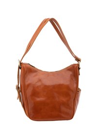 Borsa a spalla in pelle marrone con texture liscia, forma curva e una sola tracolla regolabile. Presenta una chiusura a zip e una tasca laterale.
