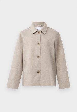 Beige wool blend buttoned jacket with collar, long sleeves, and two side pockets, displayed on a white background.