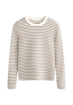 Top met lange mouwen gemaakt van zachte stof met fijne horizontale bruine en witte strepen, voorzien van een ronde halslijn en een rechte snit.