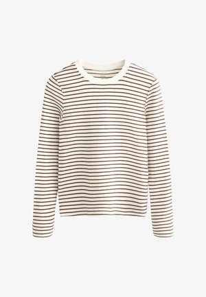 Top met lange mouwen gemaakt van zachte stof met fijne horizontale bruine en witte strepen, voorzien van een ronde halslijn en een rechte snit.