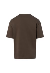 Kurzärmeliges T-Shirt aus dunkelbraunem Baumwollstoff mit rundem Ausschnitt und lockerer Passform, glatt in der Textur und ohne sichtbare Muster.