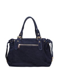 Sac à main en daim bleu marine avec quincaillerie dorée, deux poignées supérieures et une poche zippée à l'avant. Des accents à cordon sur les côtés améliorent le design.