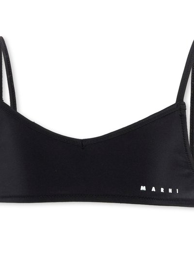 Haut de bikini noir court avec fines bretelles et logo blanc "MARNI" sur le côté inférieur droit.