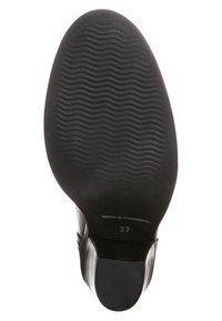 Suela de zapato de cuero negro con un patrón texturizado y ondulado; tamaño 37 marcado en la parte inferior; bordes lisos y diseño estructurado.