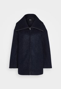 Tummansininen vetoketjullinen takki, jossa on leveä kaulus, valmistettu strukturoidusta kankaasta. Ominaisuuksiin kuuluu suora leikkaus ja vähäiset varusteet.