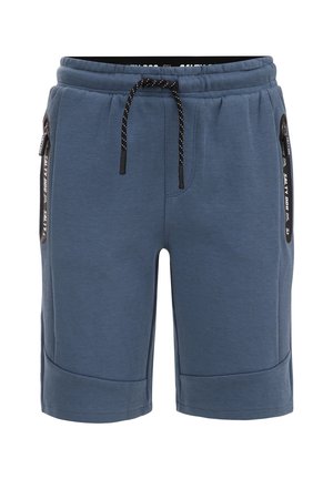 Niebieskie szorty ze ściągaczem, kieszeniami bocznymi na zamek oraz detalem z taśmą z logo na szwach kieszeni.