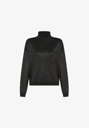 Maglione a collo alto nero con riflessi metallici, maniche lunghe, vestibilità comoda e texture a coste sul collo e sui polsini.
