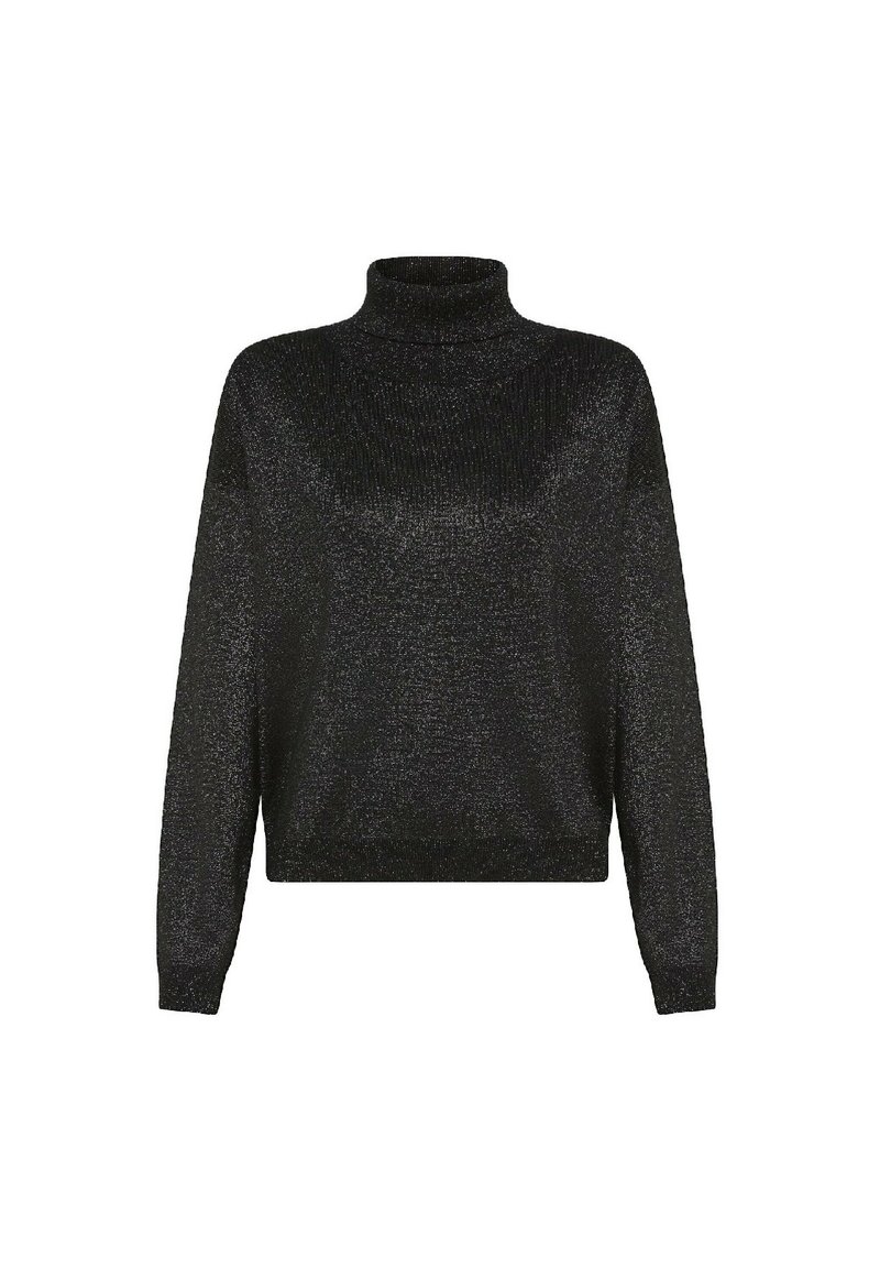 Maglione a collo alto nero con riflessi metallici, maniche lunghe, vestibilità comoda e texture a coste sul collo e sui polsini.
