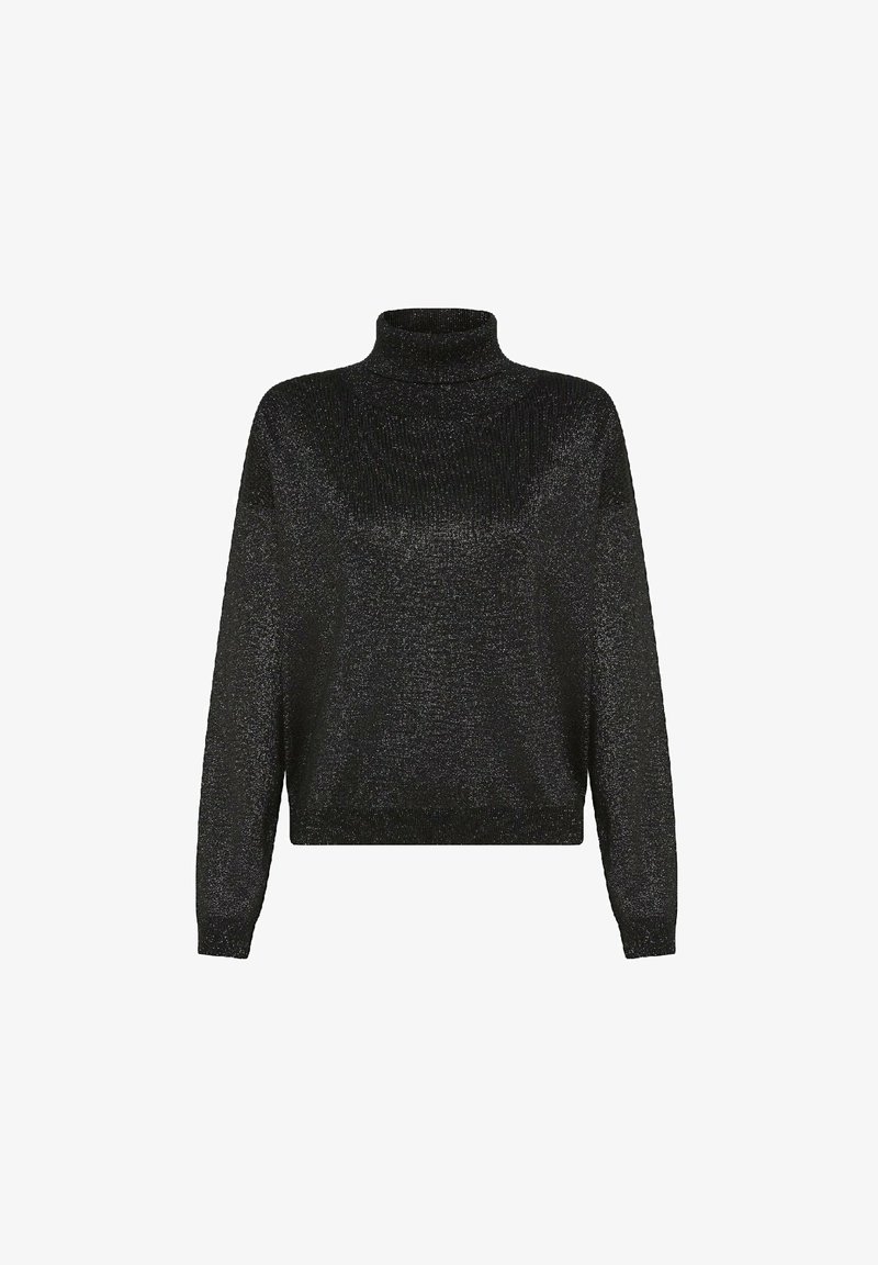 Maglione a collo alto nero con riflessi metallici, maniche lunghe, vestibilità comoda e texture a coste sul collo e sui polsini.