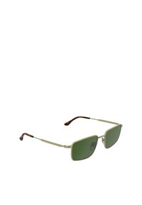Metallgerahmte Sonnenbrille mit grünen Gläsern, rechteckiger Form, braunen Schildpatt-Akzenten an den Bügeln, die dezente strukturierte Details aufweisen.